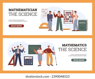 People make mathematical calculations, formulas, graph. Mathematics the science vector flyers template set. Mathematician operations with mathematician and geometric tools, calculator and abacus
