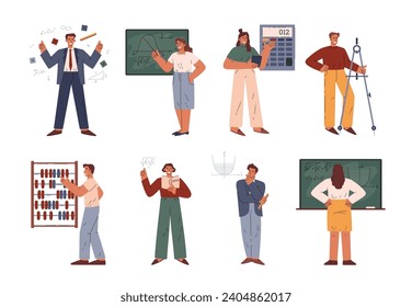 People make mathematical calculations, formulas, integrals, equations and graph. Mathematician operations with mathematician and geometric tools, calculator and abacus vector illustrations set