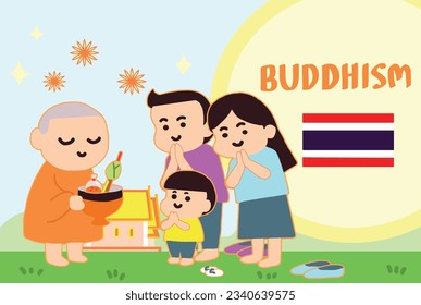 People make merit offerings to monks in cartoon style painted flat - Thai flag.