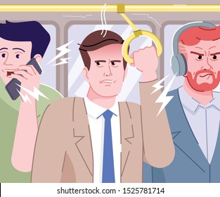 People make noise in bus flat vector illustration. Passengers speaking loud and listening to music in public transport cartoon characters. Frustrated and angry man. Stressful morning commuting