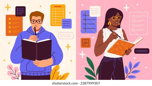 People make notes concept. Man and woman with textbooks. Planning and goal setting. Young guy and girl with to do list. Time management and efficient workflow. Cartoon flat vector illustration