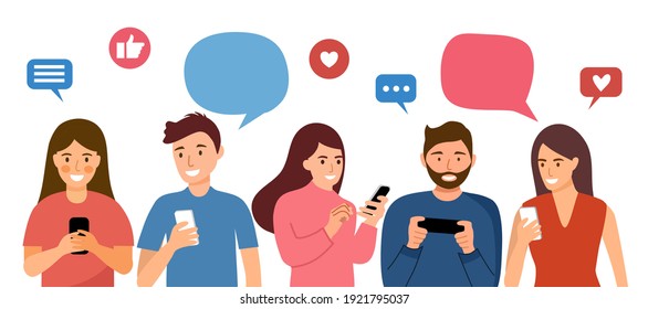 People make online chat with his friends or colleague via smartphone in flat design on white background. Social media network, digital communication, chat message, video call concept.	
