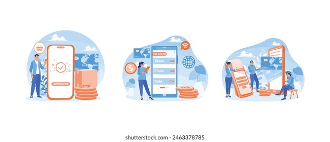 People make online payments and money transfers. Using online banking applications. Online banking services. Online Payment concept. Set flat vector illustration.