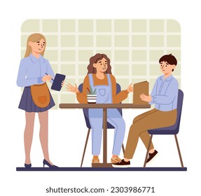 People make order. Man and woman sitting in cafe and ordering dishes from girl. Young couple on romantic date. Waitress with clients and visiters. Cartoon flat vector illustration. 3D Illustration