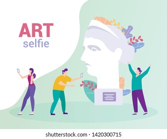 People Make Photo on Background Statue. Art Selfie. Distance Learning. E-Learning. White Background. Advertising Image. Vector Illustration. Achive Goal. Study Art. Happy Students with Smartphone.