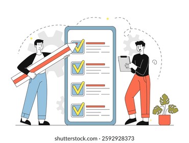 People make plan. Two men with pencil near clipboard. Questionnaire, reminder and checkmark. Planning and strategy development, time management. Linear vector illustration