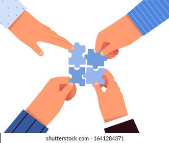 People make puzzles with their hands together. Concept of team business work and collaboration.
