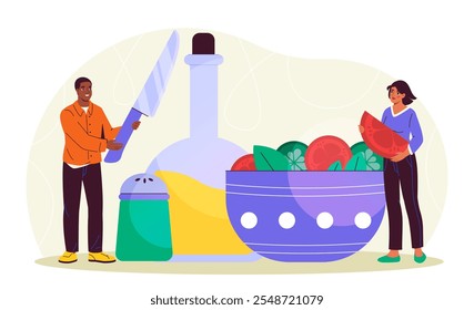 As pessoas fazem salada. Mulher e homem com faca perto da tigela de vegetais cortados. Alimentação saudável com vitaminas. Dieta e nutrição adequadas. Ilustração de vetor plano isolada no plano de fundo branco