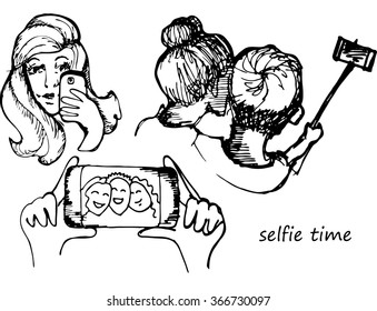 People Make Selfie Cartoon Style Sketch Stock Vector (Royalty Free