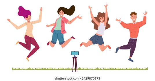 La gente se hace selfies. Amigos felices saltando. Hombres y mujeres sonrientes, cámara de teléfono inteligente, personajes humanos tomando fotos al aire libre en el parque, haciendo blogs. Ilustración de vector aislado plano de dibujos animados