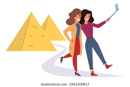 People make selfie. Happy friends taking photo on vacation. Memories in travel. Women standing near Egyptian pyramids. Tourists in historical place. Cartoon flat isolated vector illustration