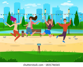 People make selfie. Happy men and women jumping smiling and taking photo on smartphone camera in park summer landscape, photography live stream or vlog making, shoot stories vector blogger characters