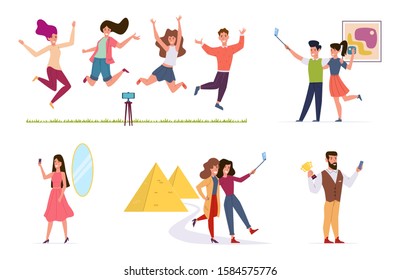 People make selfie. Men and women taking photo on smartphone camera, friends using selfie stick. Characters vector vacation set