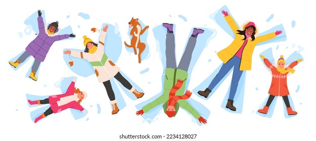 People make snow angels, view from above vector illustration. Cartoon friends and family characters making wings in snow, cheerful woman and man, kids and dog lie in frozen snowdrifts outside