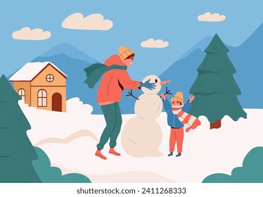 People make snowman concept. Rest and leisure outdoor in winter season. Woman with kid play with snow. Traditions of Christmas and New Year, Noel Eve. Cartoon flat vector illustration