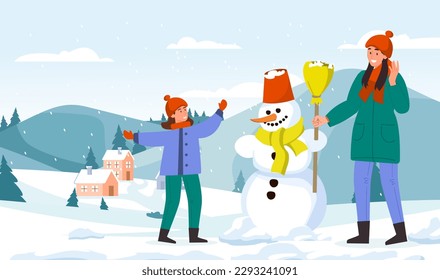 People make snowman. Mother and son spend time together. Winter activities and leisure outside. Christmas and New Year. Greeting postcard design. Cartoon flat vector illustration