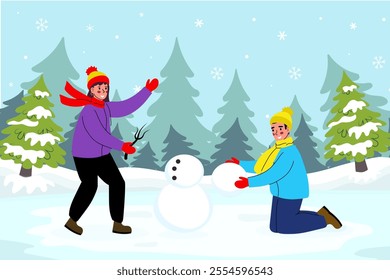 People make a snowman, winter games. Background for design. Illustration in flat style