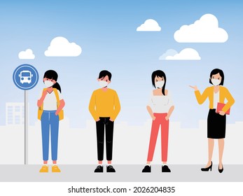People make social distancing at bus stop during covid-19. Coronavirus outbreak new normal lifestyle.