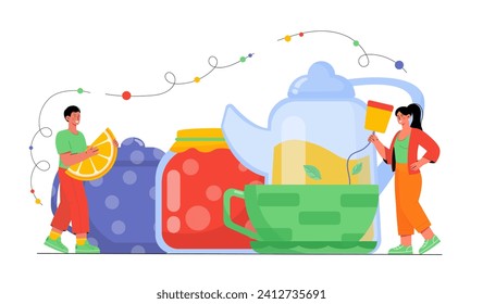 People make tea. Man and woman with hot drinks in ceramics crockery. Matcha and herbal deink with strawberry jam, preserved food. Cartoon flat vector illustration isolated on white background