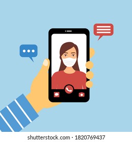 People make video call to communicate in Covid19 Coronavirus pandemic outbreak. Woman wearing medical mask in smartphone screen.