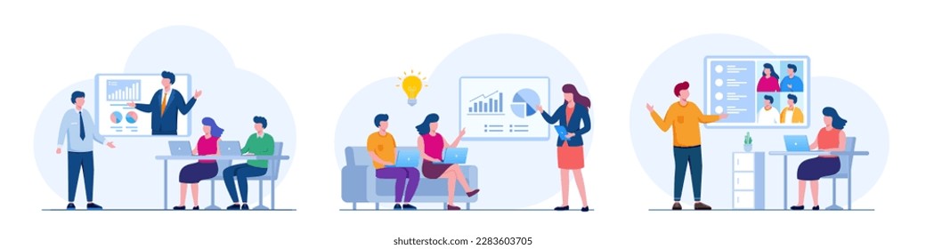 People makes a presentation of a project by showing charts on a flipchart and showing a laptop. Brainstorming. Flat vector illustration of business presentation concept.