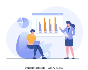 People makes a presentation of a project by showing charts on a flipchart and showing a laptop. Brainstorming. Flat vector illustration of business presentation concept.
