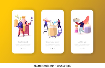 People Making Candles Mobile App Page Onboard Screen Template. Tiny Characters with Huge Ingredients Make Candles, Handmade Hobby or Creative Craft Occupation Concept. Cartoon Vector Illustration