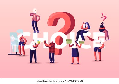 People Making Choice Concept. Doubtful Tiny Characters Thinking Under Huge Question Mark. Doubts and Confusion, Solving Problem, Searching Solution Poster Banner Flyer. Cartoon Vector Illustration