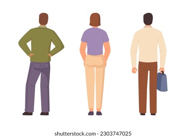 People making choice, puzzled man and woman, back view. Vector man and woman choosing from opportunities and different options, flat cartoon illustration