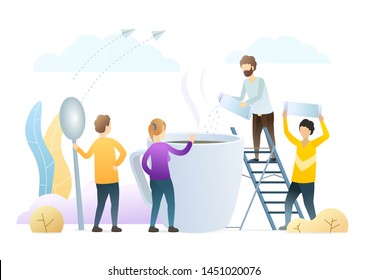 People making coffee flat vector illustration. Friends with spoon and sugar sachets cartoon characters. Men and women cooking delicious hot cappuccino. Colleagues cooperation, coworkers on lunch break