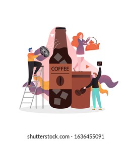 People making cold brew coffee with ice cubes in bottle, vector illustration. Alternative manual coffee brewing concept for web banner, website page etc.