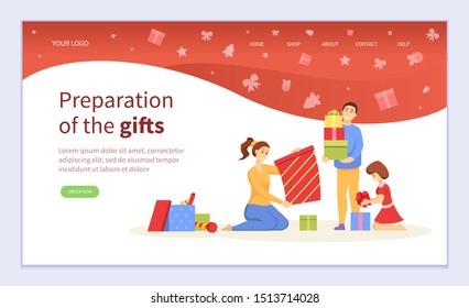 People making colorful handmade Christmas present, preparation of gifts online. Girl and boy creative geometric package with ribbon. Webpage or website template, landing page flat style vector