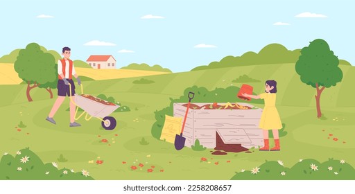 People making compost. Family humus composting on agriculture farm background, bio recycling waste concept, farming man and kid with bin nutrient heap in garden vector illustration of compost soil