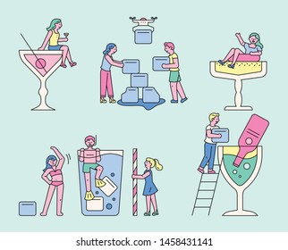 People making a cool summer drink. tiny character concept. flat design style minimal vector illustration.