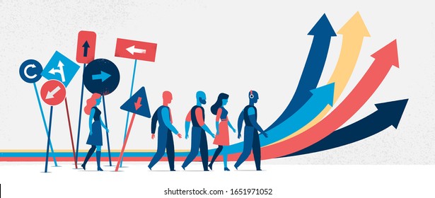 People making decision what path, direction to take. Arrows, road signs pointing in different directions. Business strategy concept - Vector illustration