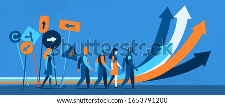 People making decision what path, direction to take. Arrows, road signs pointing in different directions - Vector illustration