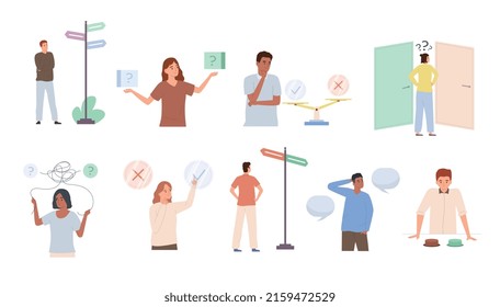 People making decisions flat set with thoughtful men and women in various situations isolated vector illustration