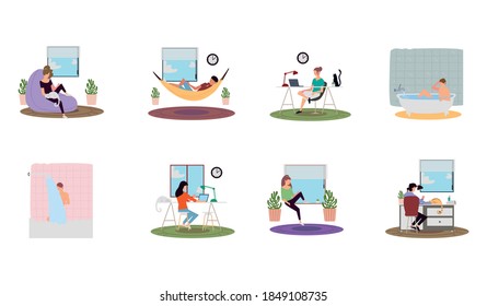 people making different indoor activities, working and resting vector illustration