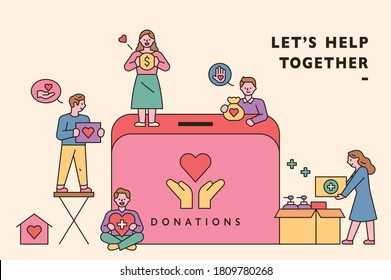 People are making donations around huge fundraising boxes. flat design style minimal vector illustration.