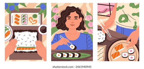 People making and eating sushi. Girl trying sushi. Concept of asian food, sushi. Vector illustrations set. 