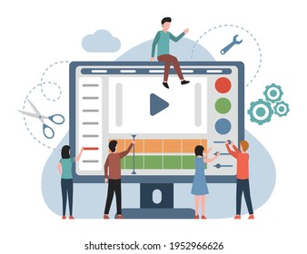 People making and editing video for social media vector flat illustration. Men and women working on video blog, channel, streaming platform. Bloggers make content for internet blog.