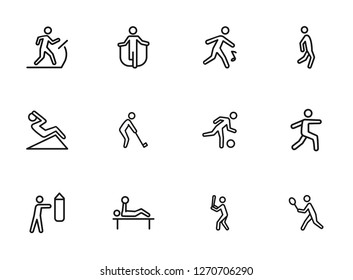 Gente haciendo ejercicios conjunto de iconos de línea. Conjunto de iconos de línea en fondo blanco. Abs, trotando, treadmill. El concepto de fitness. La ilustración vectorial puede utilizarse para temas como actividad, estilo de vida, fitness