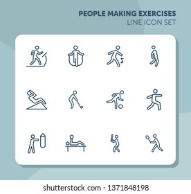 People making exercises line icon set. Set of line icons on white background. Abs, jogging, treadmill.  Fitness concept. Vector illustration can be used for topics like activity, lifestyle, fitness