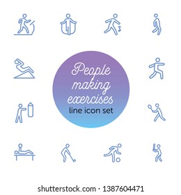 People making exercises line icon set. Set of line icons on white background. Abs, jogging, treadmill.  Fitness concept. Vector illustration can be used for topics like activity, lifestyle, fitness