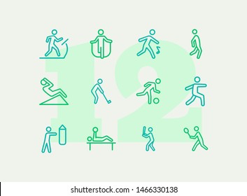 People making exercises line icon set. Set of line icons on white background. Abs, jogging, treadmill. Fitness concept. Vector illustration can be used for topics like activity, lifestyle, fitness