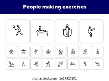 People making exercises line icon set. Set of line icons on white background. Abs, jogging, treadmill. Fitness concept. Vector illustration can be used for topics like activity, lifestyle, fitness