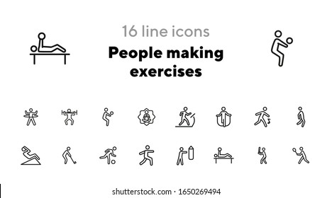 People making exercises line icon set. Set of line icons on white background. Abs, jogging, treadmill. Fitness concept. Vector illustration can be used for topics like activity, lifestyle, fitness
