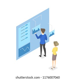 People making financial analysis. Workers looking at graph and make research. Business planning. Isometric vector illustration