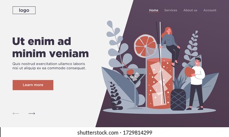 People making fresh fruit juice with ice flat vector illustration. Tiny woman sitting at huge glass and holding straw. Smiling man with apple. Summer beverage and drink concept.
