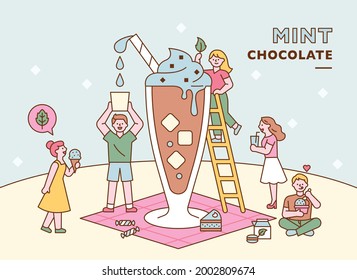 People Are Making A Giant Mint Chocolate Drink Together. Flat Design Style Minimal Vector Illustration.